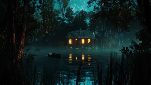 Cabin stands lit beside still forest lake at night