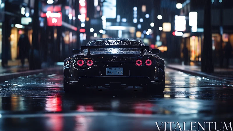 Midnight sports car on neon soaked rainy city street.