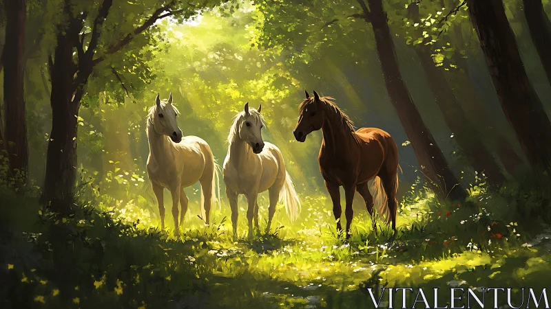 Forest sunspill crowns three horses in quiet woodland council.