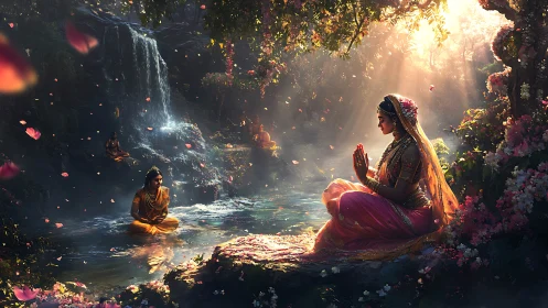 Digital painting of divine meditation beside luminous forest falls.