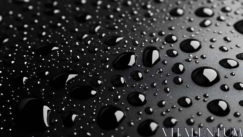 Water droplets scatter across matte black surface in macro view