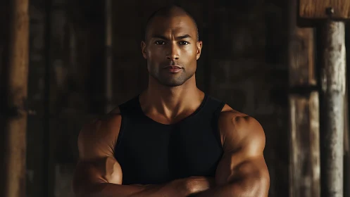 Muscular man in black tank top stands in moody gym environment.