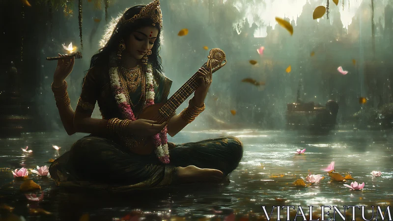 Divine musician plays sitar on tranquil lotus-filled water.