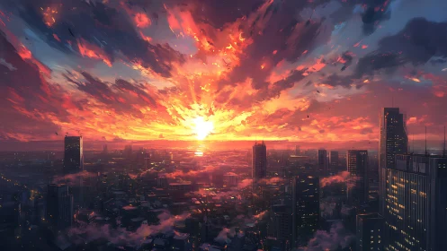 Radiant sunset ignites a sprawling futuristic city skyline