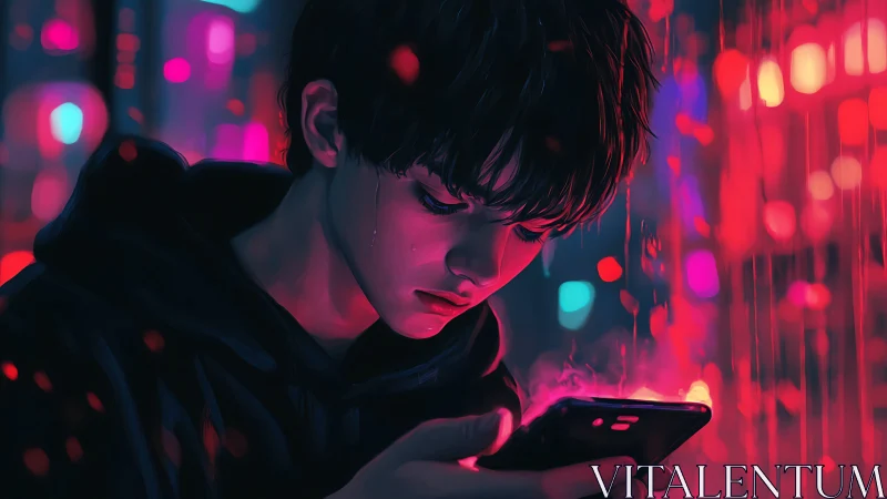 Quiet moment in neon rain with a heartbreak-lit screen.