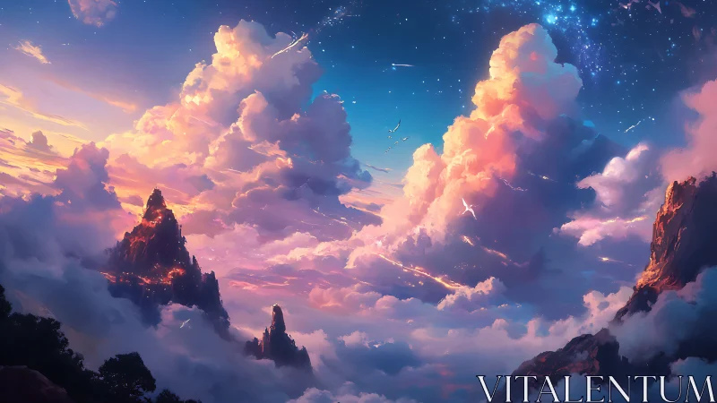 Vast cloudscape over sharp mountains at colorful dusk.