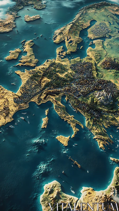 Continents curl like carved brass beneath teal European seas