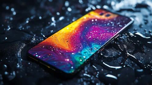 Smartphone with wet multicolor display on reflective surface.