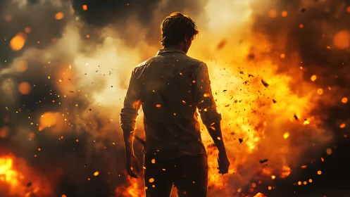 Lone Figure Stands Amidst Fiery Explosion and Flames.