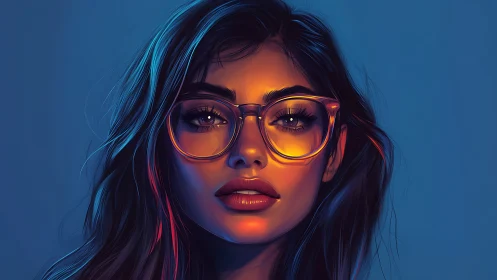Digital portrait shows woman with glowing glasses and neon light