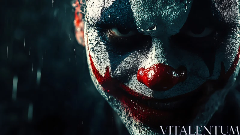 Clown face close-up under rain with dramatic low-key lighting