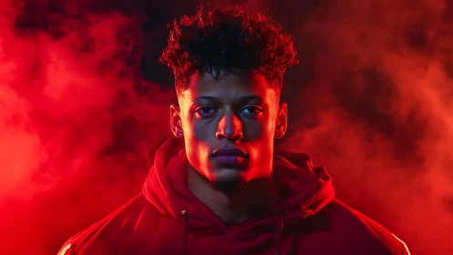 Crimson ember portrait of a focused young man in smoke.