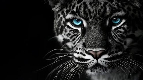 White Tiger Portrait with Arctic Blue Eyes Against Black Background