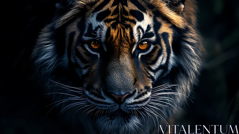 Tiger face fills frame under low light with intense gaze