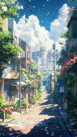 Sunlit anime alley with lush plants and distant city skyline.