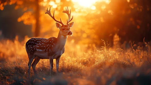Spotted deer glows in golden forest sunrise light.