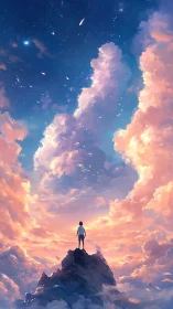 Child standing on a sunlit peak beneath a dreamy sky.