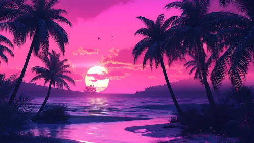 Dreamy neon sunset hideaway beneath quiet palms.
