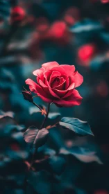 Red rose blooms in sharp focus against blurred teal background.