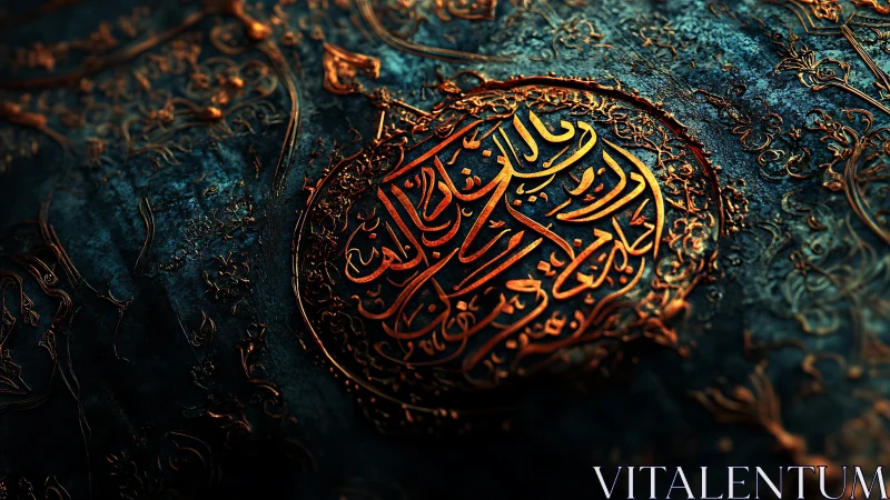 Ornate golden Arabic calligraphy on textured teal metal relief.
