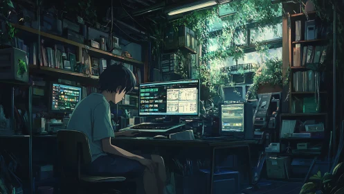 Midnight coder quietly gardens light inside a digital jungle