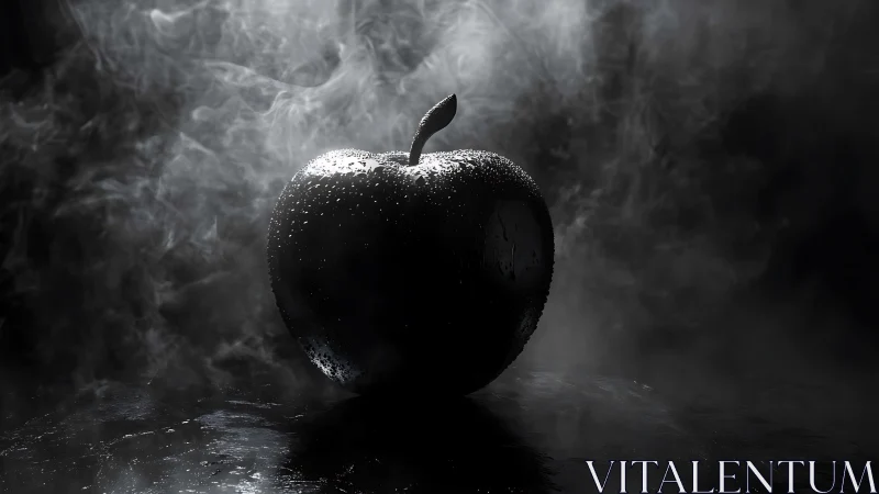 Dark monochrome apple with dewy surface in dramatic smoke.