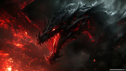 Shadowflame dragon rising through swirling molten dusk.