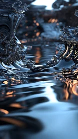 Liquid chrome waves under cool blue light with amber glow.