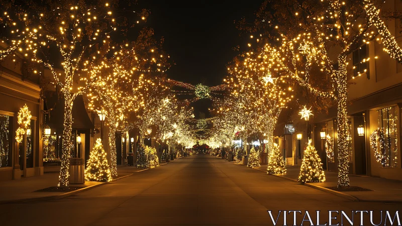 Sparkling holiday street glows with warm Christmas lights