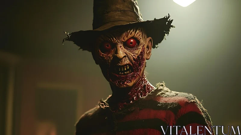 Grotesque humanoid figure stands under dim interior lighting