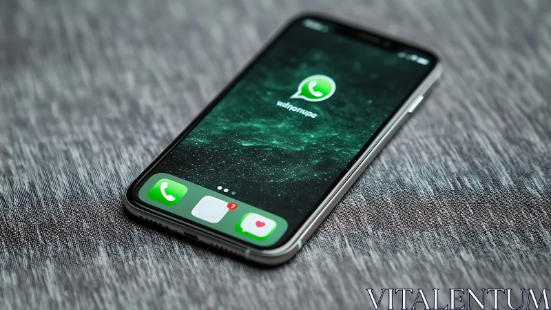 Smartphone displaying WhatsApp interface on gray textile surface.