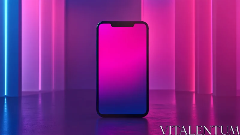 Neon-lit smartphone stands in vivid pink and blue glow.