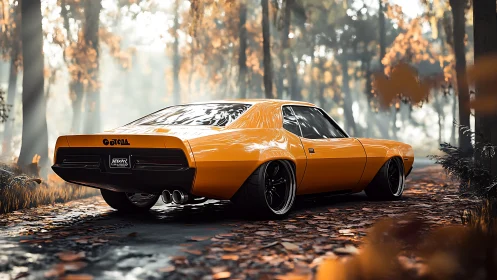 Retro muscle car parked on misty forest road at dawn.