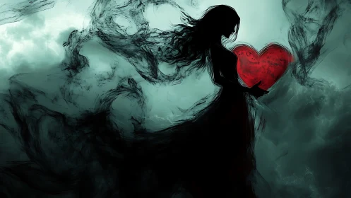 Silhouetted woman cradles a glowing red heart in swirling mist