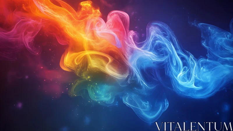 Multicolor volumetric light plumes in nebulous dark gradient field.