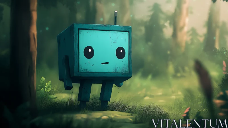 Small teal robot explores soft-focused mystical forest
