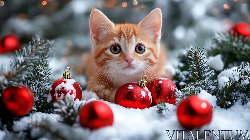 Ginger kitten among snowy fir branches and red ornaments.