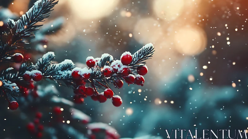 Snow dusted red berries glow softly in a winter twilight