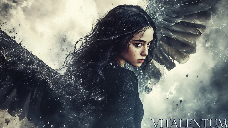 Winged female figure rendered in dark atmospheric environment