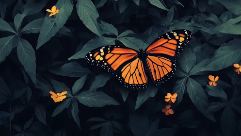 Monarch butterfly rests on dark green foliage with flowers