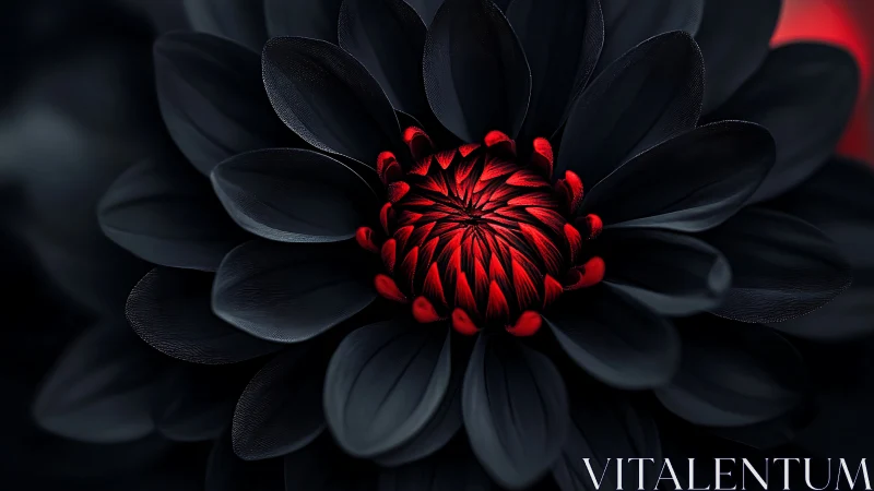 Black Dahlia Bloom with Crimson Center Against Dark Background.