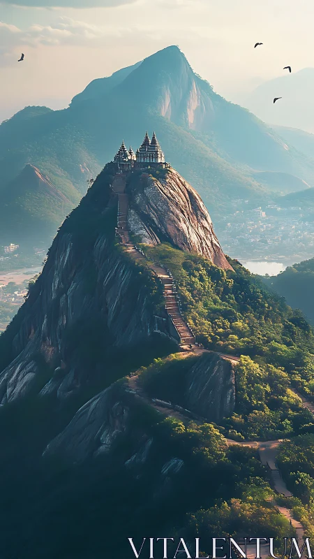 Mountain peak temple complex rises above layered green valley