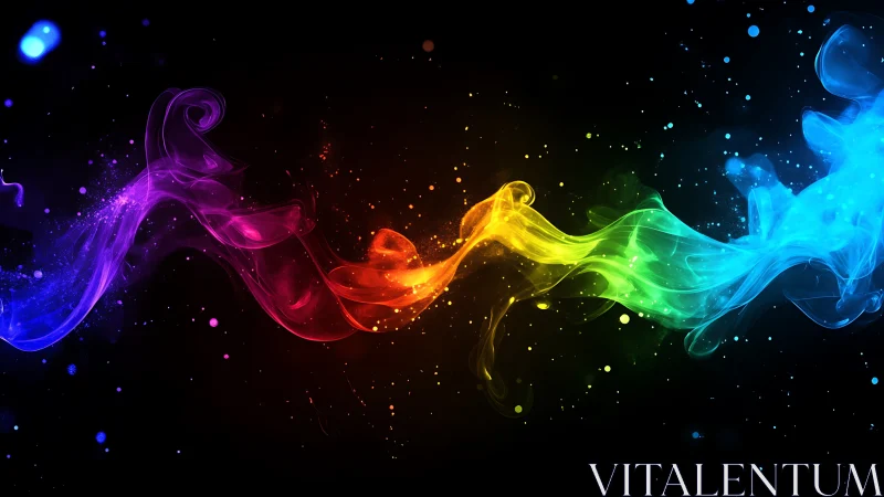 Vibrant rainbow smoke wave against deep black background.