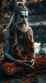 Serene holy man sits in deep meditation by the riverbank