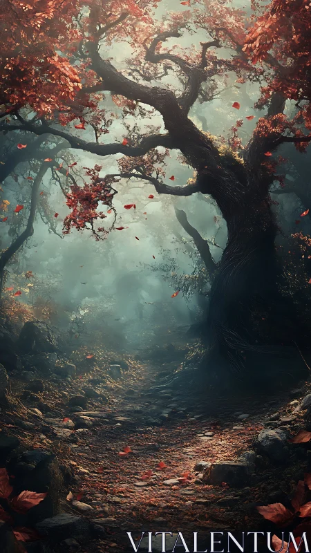 Ancient Tree with Crimson Foliage in Misty Forest.
