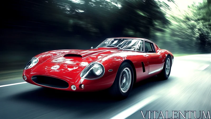 Red classic sports car races along a blurred forest road.