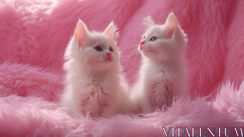 Two Adorable White Kittens Cuddled in Pink Fluff.