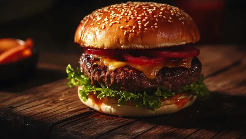 Gourmet cheeseburger on rustic wood, shallow depth of field