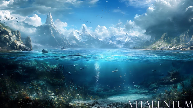 Epic seascape shows split ocean view with mountains and reef