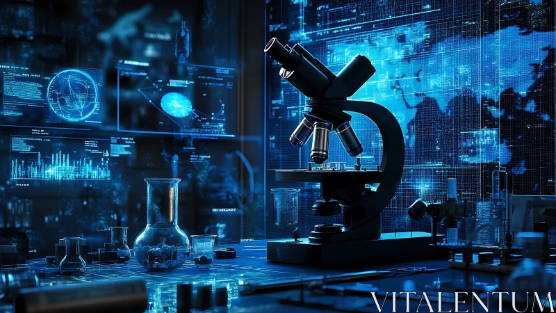 Cybernetic research microscope in holographic blue lab interior